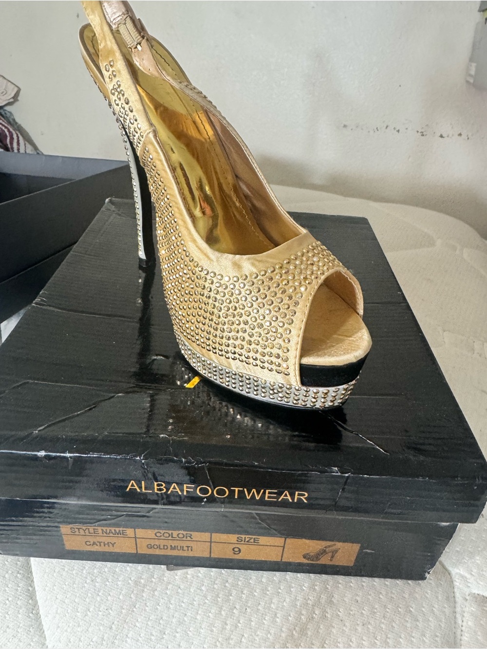 Alba Gold Multi Crystal Peep-Toe Platform Slingback Heels